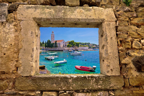 istock Hvar island church and beach window view 538983504