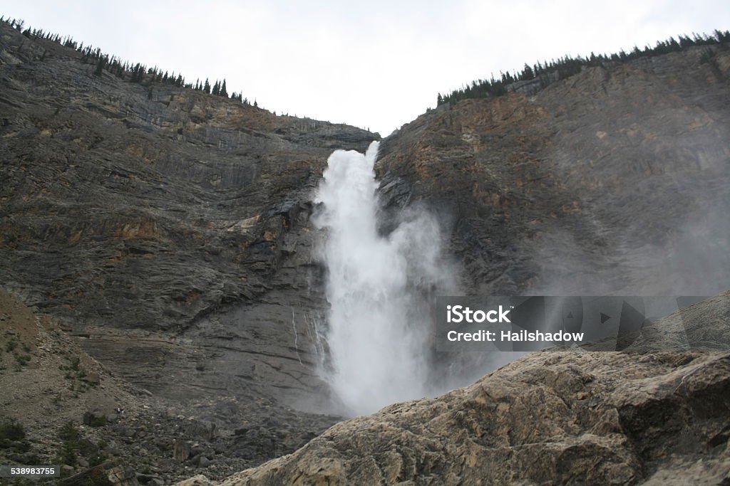 Yoho National Park Waterfall Takakkaw Falls is a waterfall located in Yoho National Park, near Field, British Columbia, in Canada. Its highest point is 302 metres (991 ft) from its base, making it the 45th tallest waterfall in western British Columbia. However its true "free-fall" is only 260 metres (850 ft). "Takakkaw", loosely translated from Cree, means something like "it is magnificent". The falls are fed by the Daly Glacier, which is part of the Waputik Icefield. The glacier keeps the volume of the falls up during the warm summer months, and they are a tourist attraction, particularly in late spring after the heavy snow melts, when the falls are at peak condition. The Takakkaw Falls were featured in the 1995 film Last of the Dogmen. 2015 Stock Photo