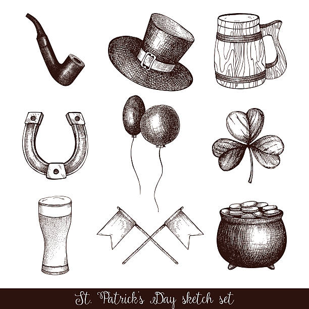 ilustrações, clipart, desenhos animados e ícones de vintage conjunto de esboço de st. patrick's day. - spring clover leaf shape clover sketch