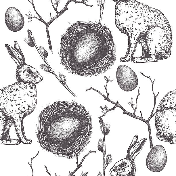 ilustrações, clipart, desenhos animados e ícones de desenho de vetor de fundo com hare. - engraving eggs engraved image old fashioned