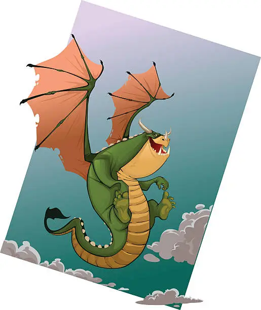 Vector illustration of great green dragon in the clouds