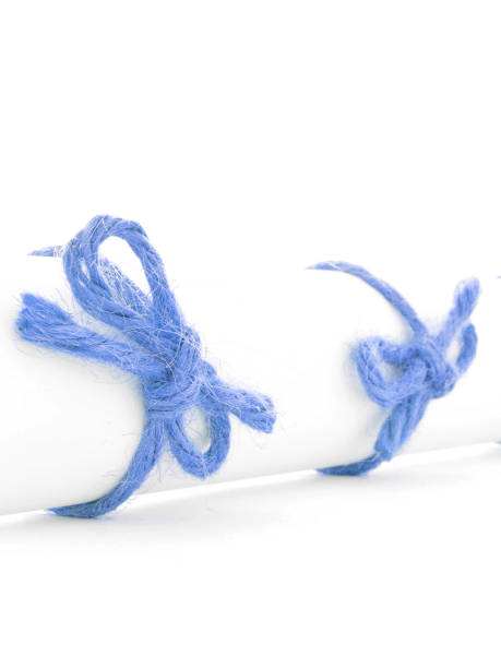istock Handmade blue rope bows tied on white message roll isolated 538986240