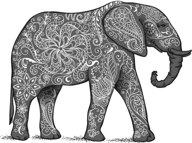 Silhouette of the elephant The silhouette of the elephant collected from hand drawn elements of a flower ornament. elephant ear plant stock illustrations