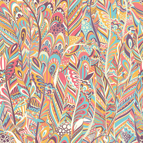 Seamless pattern with ethnic feathers, leaves. Seamless pattern with Rustic Ethnic feathers,leaves.Hand drawn vintage vector design set.Colorful sketch illustration, endless, repeatable background.Colored Tribal Decorative feathers, autumn leaves. wallpaper pattern retro revival autumn leaf stock illustrations