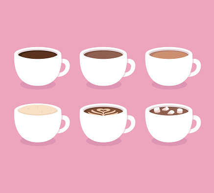 Different types of coffee: espresso, cappuccino, latte, hot chocolate with marshmallows. White coffee cups, vector illustration. Flat icon set.