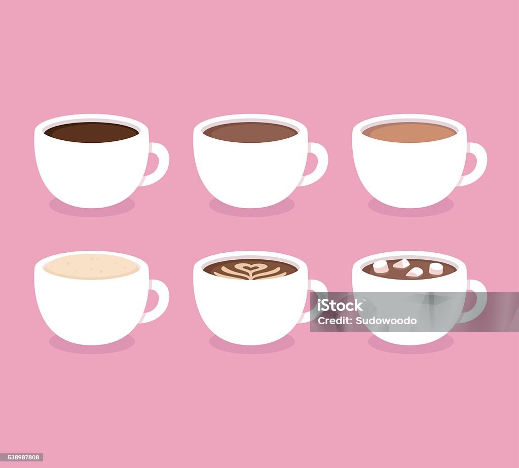 Types of coffee cups set Different types of coffee: espresso, cappuccino, latte, hot chocolate with marshmallows. White coffee cups, vector illustration. Flat icon set. Coffee - Drink stock vector