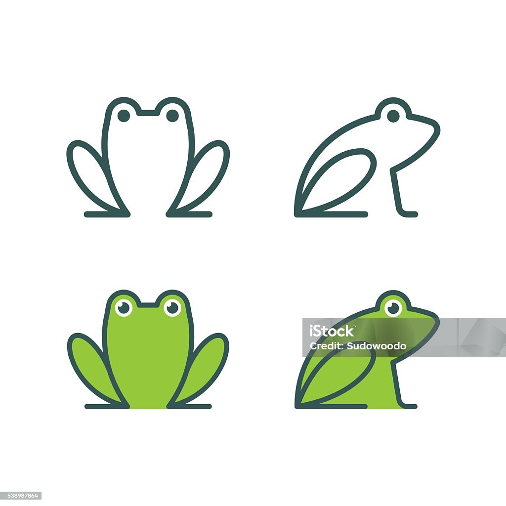 Frog icon logo Minimalistic stylized catroon frog logo. Line icon and colored version, front view and profile. Simple frog or toad vector illustration set. Frog stock vector