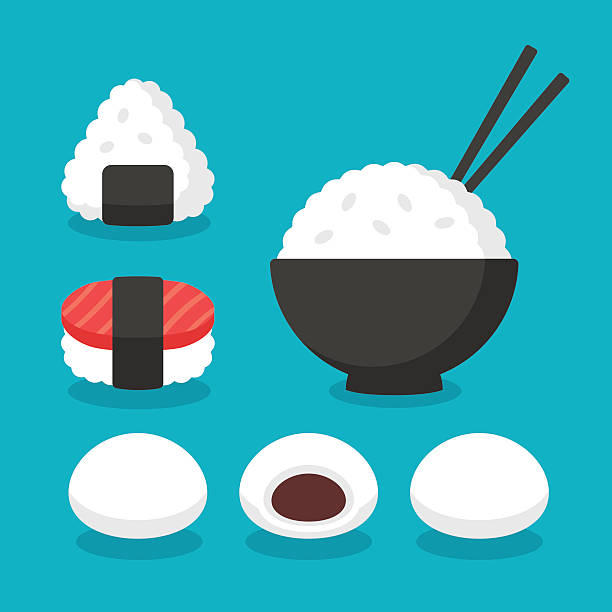 Japanese food rice dishes Japanese cuisine rice dishes icon set. Bowl of rice with chopsticks, onigiri and sushi, mochi rice cakes or dumplings. Flat cartoon vector icons. japanese food icon stock illustrations