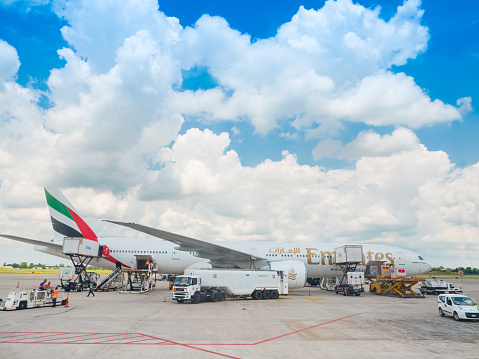 Bologna, Italy - June 5, 2016: The Emirates airline has decided in 2015 to-open a new hub at Bologna airport.