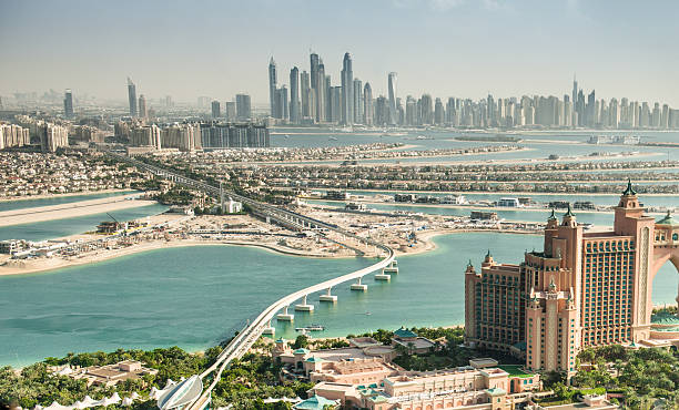 istock the palm jumeirah in Dubai with skyline 538989237
