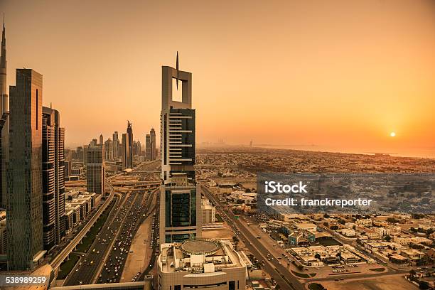 City Lights Of Dubai Downtown Stock Photo - Download Image Now - 2015, Aerial View, Bright