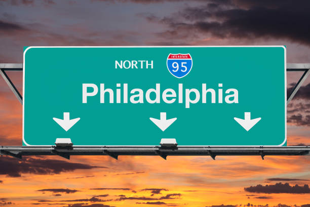 Philadelphia Interstate 95 North Highway Sign with Sunrise