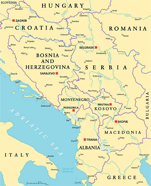 Central Balkan Political Map Central Balkan Political Map formed by Bosnia and Herzegovina, Serbia, Montenegro, Kosovo, Albania and Macedonia. With capitals, national borders, important cities, rivers and lakes. English labeling and scaling. kosovo stock illustrations