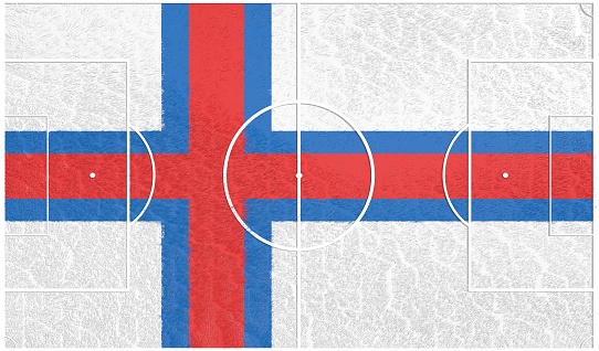 Faroe flag textured football field. Soccer relative theme. 3D rendering