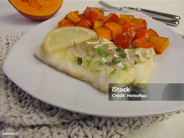 Atlantic Cod Fillet And Red Kuri Squash Stock Photo - Download Image Now - 2015, Boiled, Cod