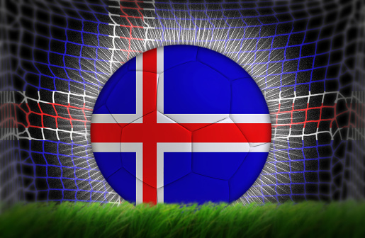 Soccer ball in net with Iceland flag