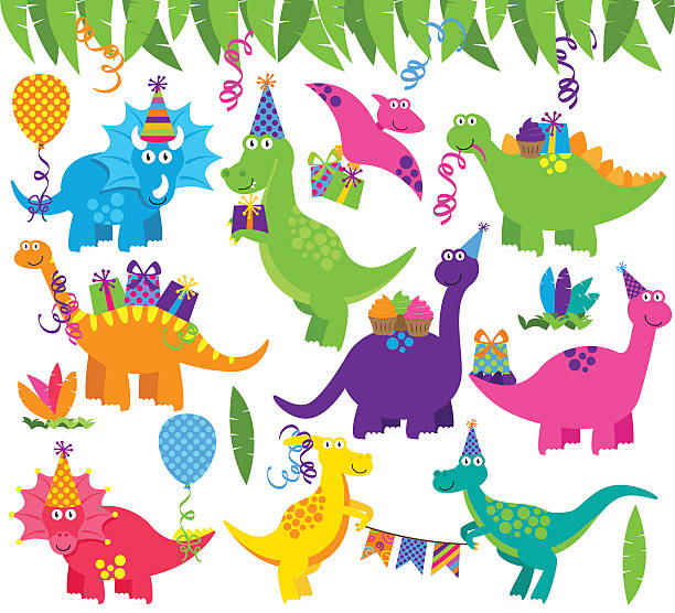 ilustrações, clipart, desenhos animados e ícones de coleção de vetor de festa de aniversário ou festa dinossauros e decorações - birthday card streamer party balloon