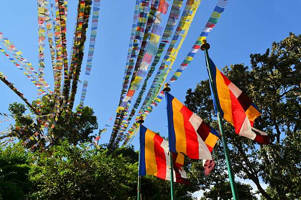 tibetano budista oración flags - lamaism fotografías e imágenes de stock