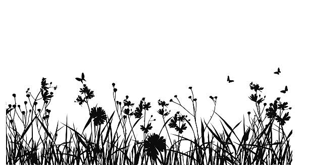 Grass Field With Butterfly Silhouette Grass, flowers,butterfly sillhouette. EPS8. nature silhouettes stock illustrations