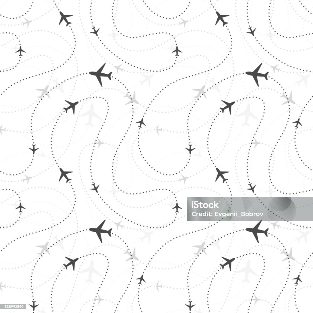 Airline routes with planes on white Airline routes with planes icons on white, seamless pattern Travel stock vector