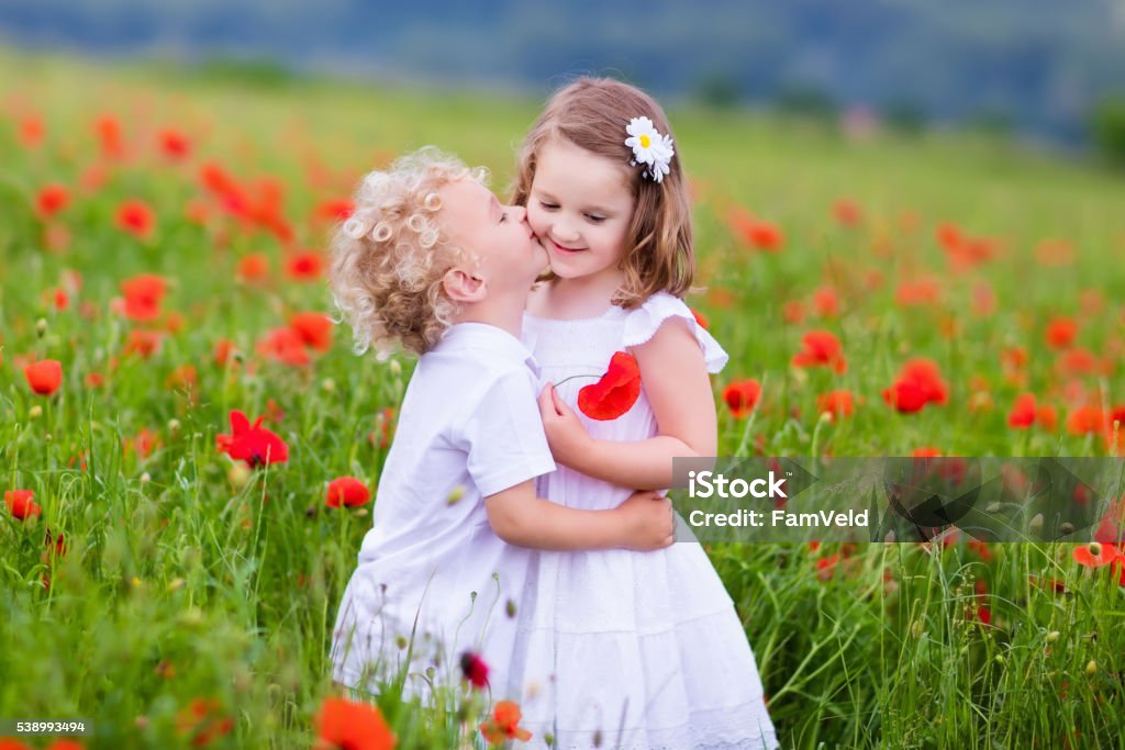 Beautiful kids playing in red poppy flower field Little curly blond boy and girl play in poppy flower field. Child picking red poppies. Toddler kid in summer meadow. Family vacation in the country. Children pick flowers, hug and kiss. Siblings love. Agricultural Field Stock Photo