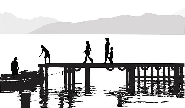 AtTheDock A family walks along a dock to board a raft. jetty stock illustrations