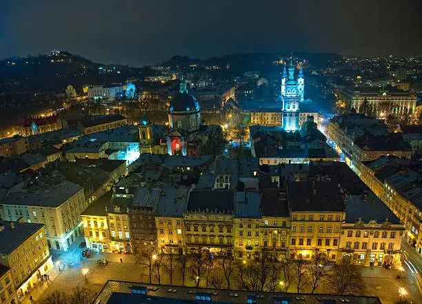 Old Lviv (or Lvov) at nigh time. View from city tower. West Ukraine.