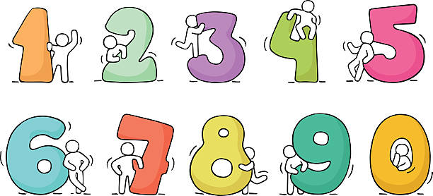 working little people with numbers Cartoon icons set of sketch working little people with numbers. Doodle cute miniature scenes of workers with numbers. Hand drawn vector illustration for school design and infographic. drawing of a cute math stock illustrations