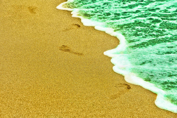 humano huellas en la arena cerca del mar turquesa y surf. - barefoot behavior toned image close up fotografías e imágenes de stock
