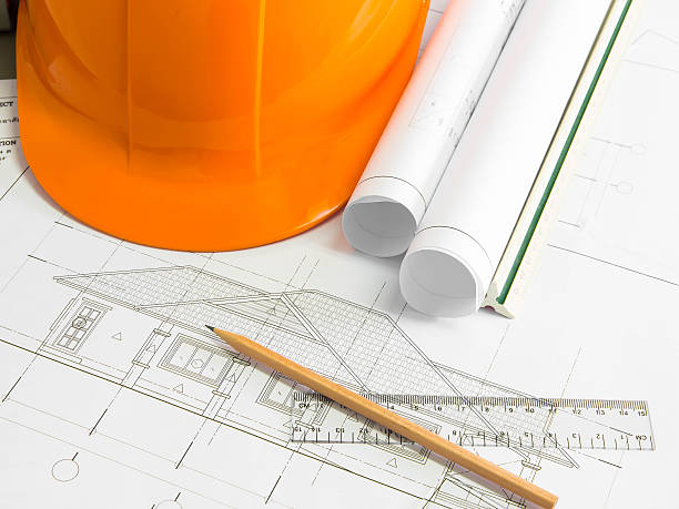 istock Architectural blueprint of office building with a pencils 538998995