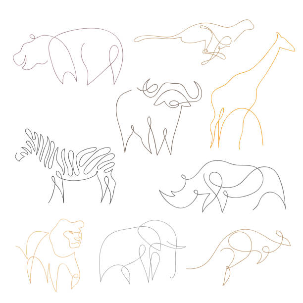 One line safari animals set. Hand drawn vector illustration One line safari animals set design silhouette. Hand drawn minimalism style vector illustration elephant art stock illustrations