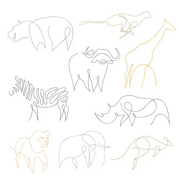 Vector illustration of One line safari animals set. Hand drawn vector illustration