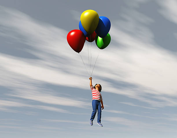 garçon voler avec des ballons - balloon moving up child flying photos et images de collection