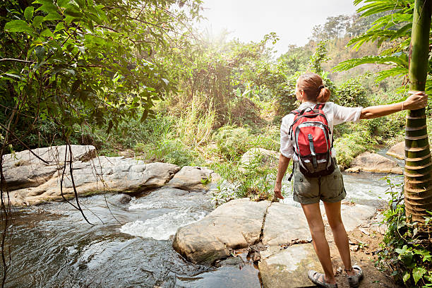istock Single woman with red backpack hiking in rainforest 539000757
