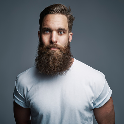 Single serious attractive young European man with muscular build and long fuzzy beard over gray background