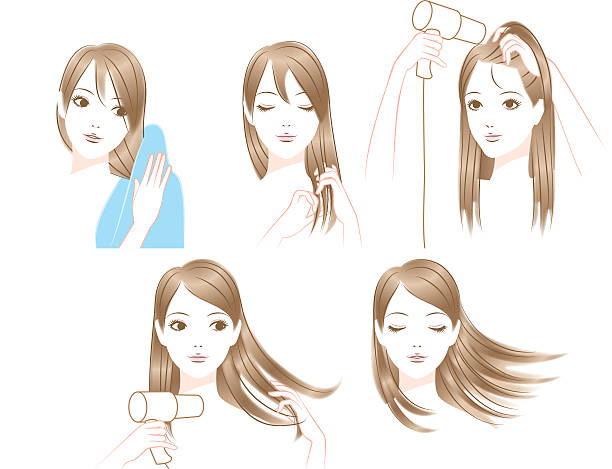 여자대표 건조시킵니다 헤어 - hair care straight hair towel women stock illustrations