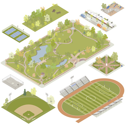 Illustrations of detailed parks, plazas and playgrounds include tennis courts, a wooded picnic area, a plaza with a farmer's market and food trucks, a playground, a basketball court, a baseball field, a town square, a large city park, and a football field with running track and bleachers. Vector illustrations are prepared in isometric view.