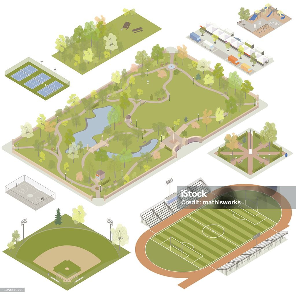 Isometric Parks Illustration Illustrations of detailed parks, plazas and playgrounds include tennis courts, a wooded picnic area, a plaza with a farmer's market and food trucks, a playground, a basketball court, a baseball field, a town square, a large city park, and a football field with running track and bleachers. Vector illustrations are prepared in isometric view. Isometric Projection stock vector