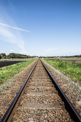 Minato line railway: The empty railroad track stretching out surrounded by paddy fields: wake of an airplane in the blue sky: grasses covering the sides of the track: Ibaraki Prefecture, Japan.
