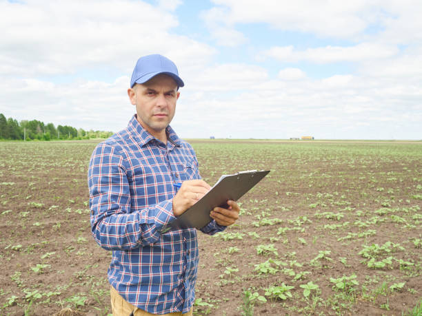 istock Farmer in plaid shirt controlled his field and writing notes 539010120