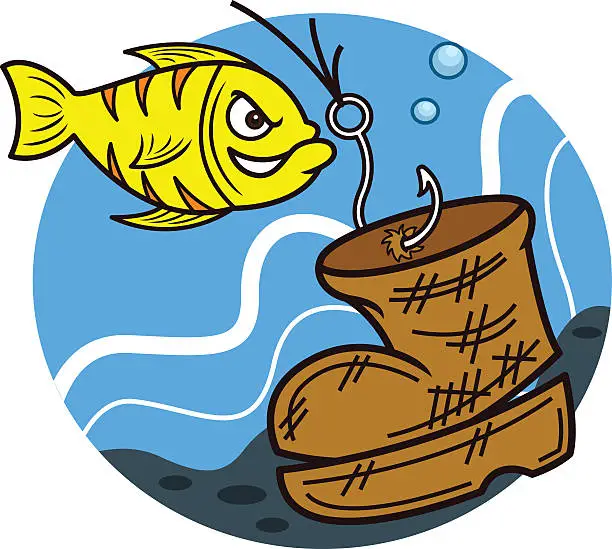 Vector illustration of Fish Hooking Fishing Line to an Old Boot