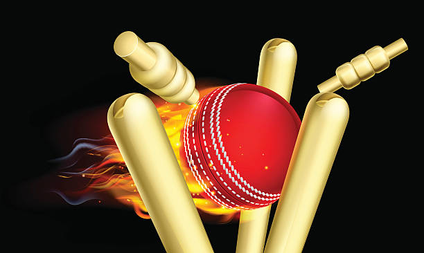 Flaming Cricket Ball Hitting Wicket Stumps A flaming cricket ball on fire hitting wicket stumps cricket stump stock illustrations