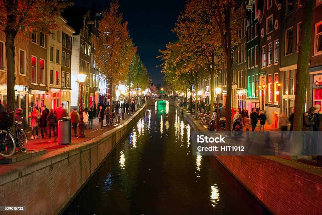 Canal view from Amsterdam at night in the Netherlands Amsterdam Stock Photo