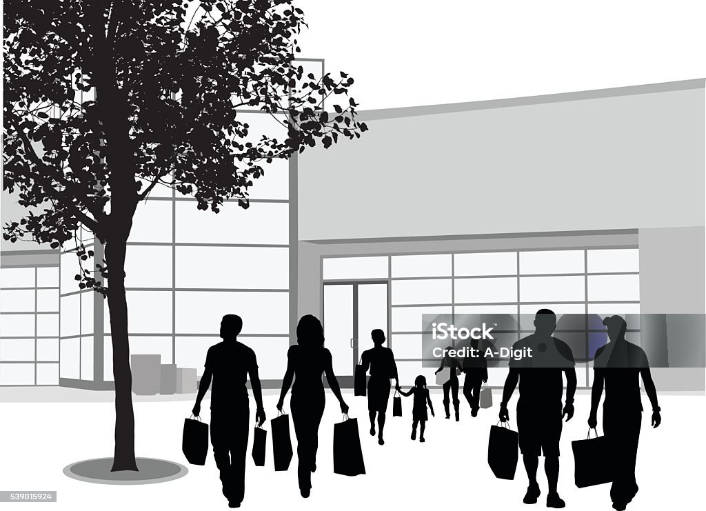 Urban Shopping Center A vector silhouette illustration of a corwd of people leaving a shopping center with their purchases.  Two male friends and a young couple walk side-by-side away from the building entrance beside a tree in the parking lot. In Silhouette stock vector