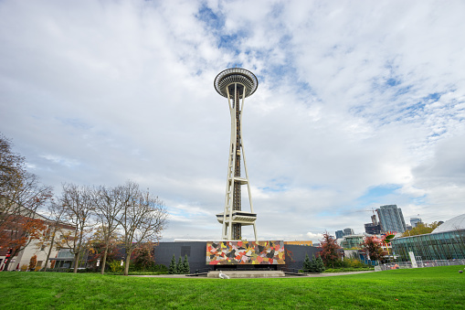 Seattle, USA - November 6, 2015: Seattle's landmark Space Needle on a day with  cloud