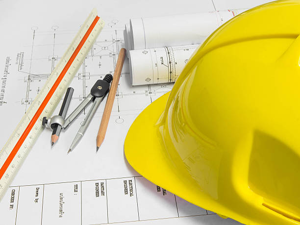istock Architectural blueprint of office building with a pencils 539016947