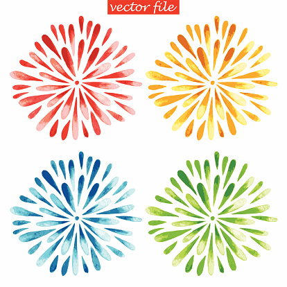 Green, Blue, Yellow and Red Watercolor Vector Sunburst Flower