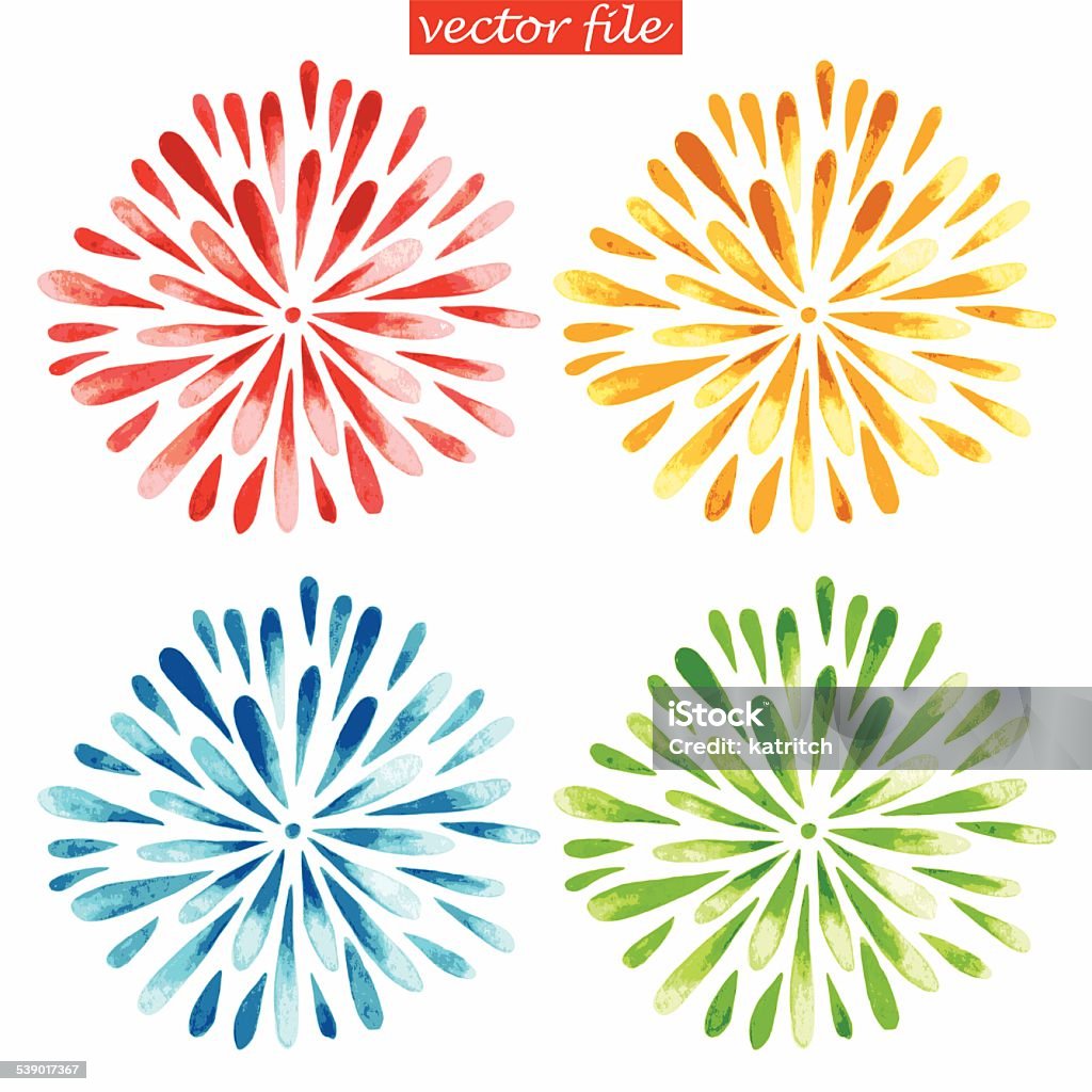 Colored Watercolor Sunburst Flowers Green, Blue, Yellow and Red Watercolor Vector Sunburst Flower Firework Display stock vector