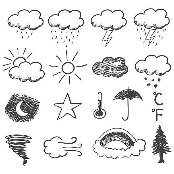 illustrazioni stock, clip art, cartoni animati e icone di tendenza di doodle illustrazione di icone meteo - rain tornado overcast storm