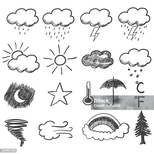 Doodle Illustration Of Weather Icons Stock Illustration - Download Image Now - Doodle, Weather, Rain